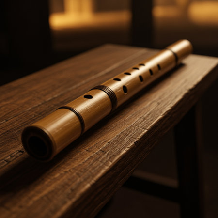 Wooden flute on a wooden table in a dark room.の素材