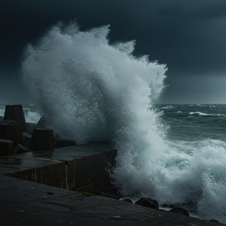 Stormy seascape with big waves breaking on concrete breakwaterの素材