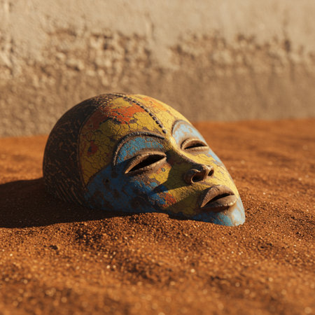 Close up of a painted mask on the sand in the desert.の素材
