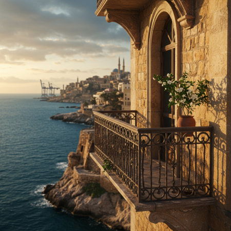Balcony on the cliff above the sea at sunset in Valletta, Maltaの素材