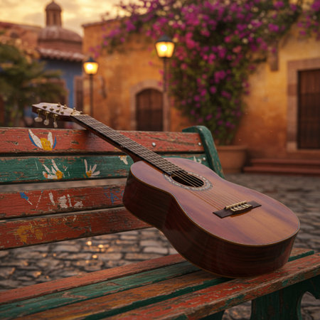 Guitar on a bench in the old town of Guadalajara, Spainの素材