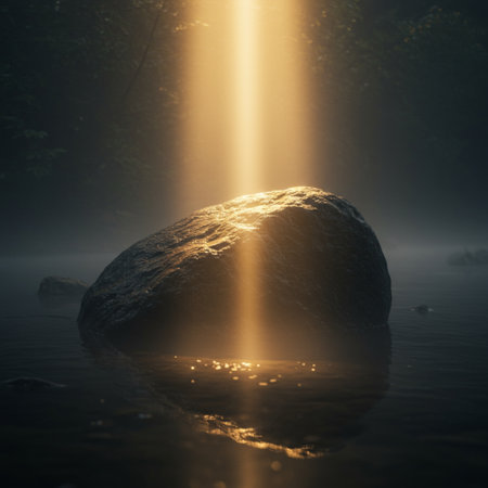 Sun rays breaking through the fog in a lake, with a rock in the foregroundの素材