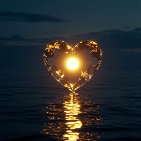 Romantic heart on the sea at night. 3d illustration.の素材