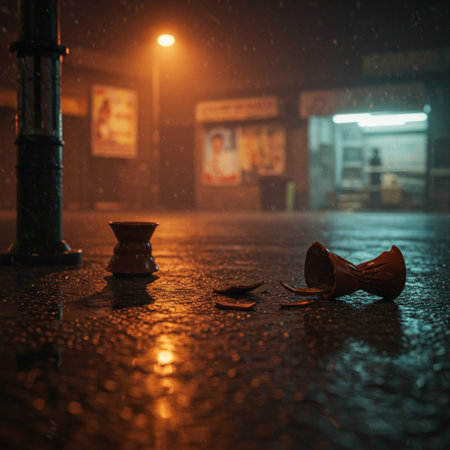 Coffee cup and coffee beans on the floor in the rainの素材