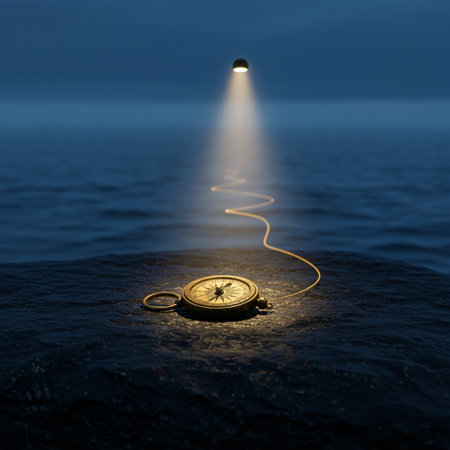 Compass on the sea surface with light beam. 3D illustrationの素材