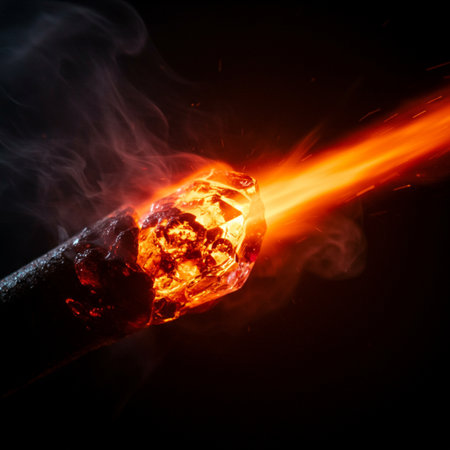 Close-up of a burning cigar with smoke on a black backgroundの素材