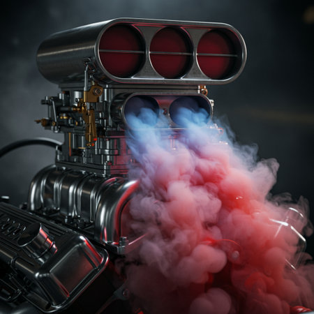 A closeup shot of the engine of a car with smoke coming outの素材