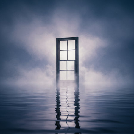 Conceptual image with open door in the misty sky.の素材