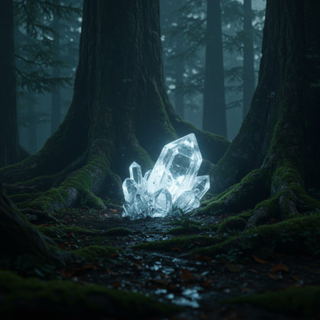 Ice cube in the forest at night with fog. 3D renderingの素材
