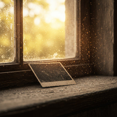 Blank chalkboard on a wooden window sill with bokeh backgroundの素材