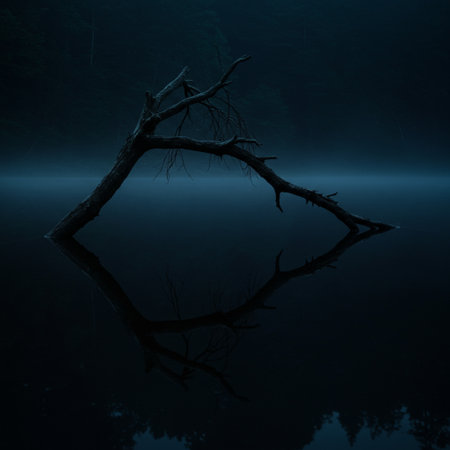 Silhouette of a dead tree on a foggy lake.の素材