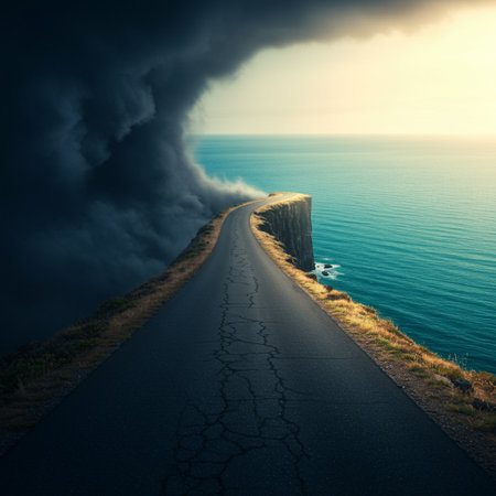 Dramatic seascape with road leading to stormy seaの素材