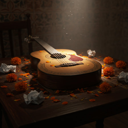 Guitar on the table with marigold flowers and crumpled paperの素材