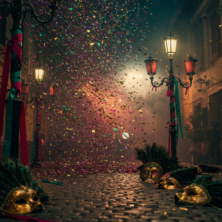 Mardi Gras street lights at night in Paris, France.の素材