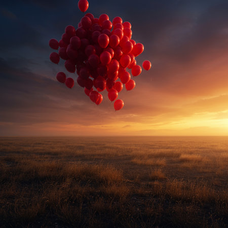 Red balloons flying in the sky at sunset. 3D Renderingの素材