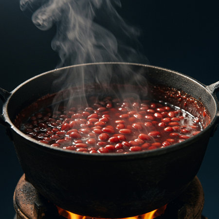Red kidney beans in a cauldron on the fire. Black background.の素材