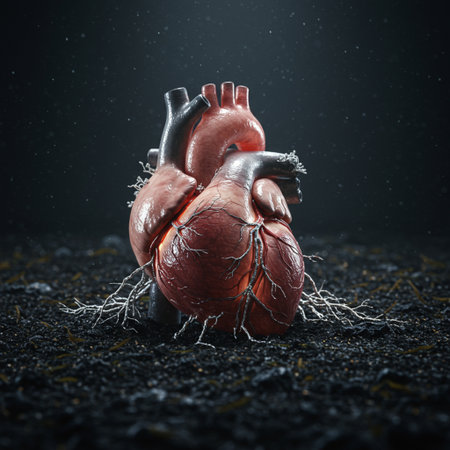 Human heart model with roots on dark background. 3d illustration.の素材
