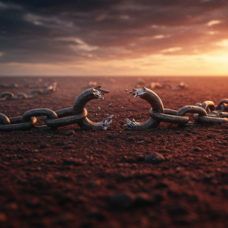 Broken chain in the desert at sunset. 3d rendering.の素材