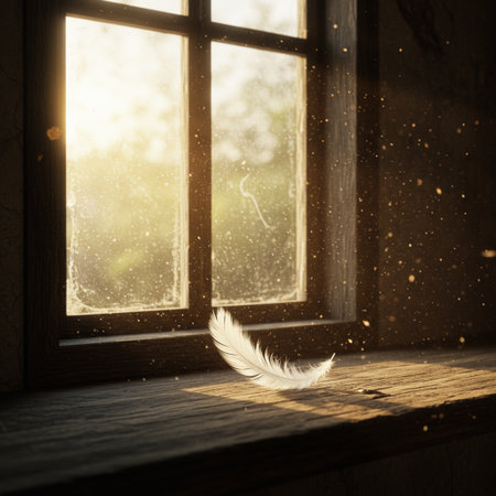 White feather on the window sill in the rays of the morning sunの素材