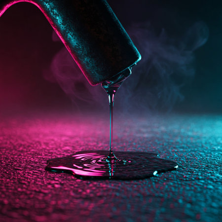 Pouring water from a bottle into a puddle on a dark backgroundの素材