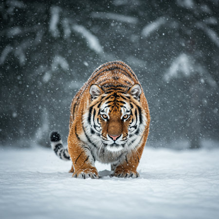 Siberian Tiger running in the snow. Beautiful, dynamic and powerful photo of this majestic animal. Set in environment typical for this amazing animal. Birches and meadowsの素材