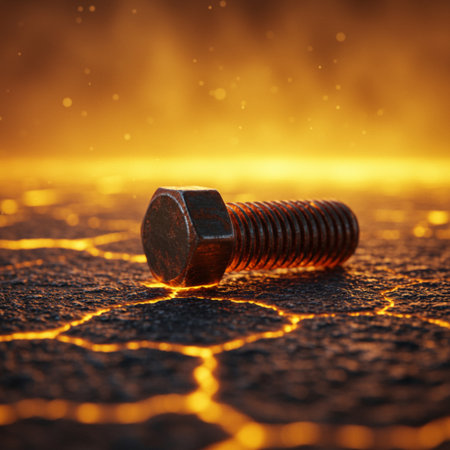 Metal bolt and nut on cracked ground. 3D illustration. Selective focus.の素材