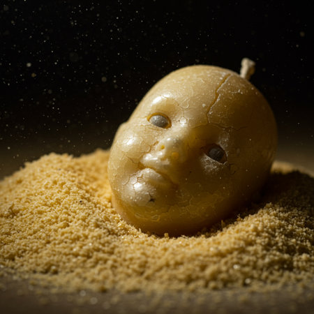 Doll face made of clay in the sand on a dark backgroundの素材