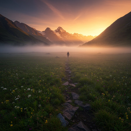 Hiker in the fog at sunrise in the mountains. Switzerland.の素材
