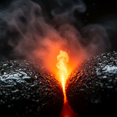 Close-up of burning lava on black background with copy space.の素材