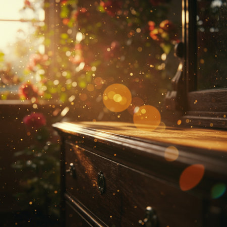 Wooden table in front of window with bokeh lights.の素材