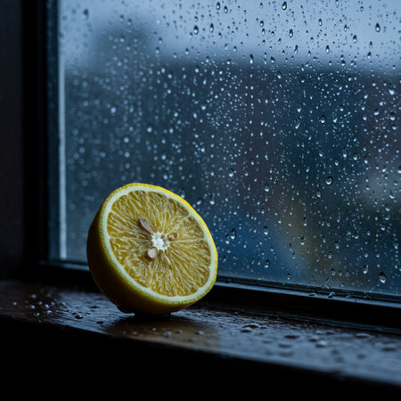 Lemon on the window in rainy day. Selective focus.の素材