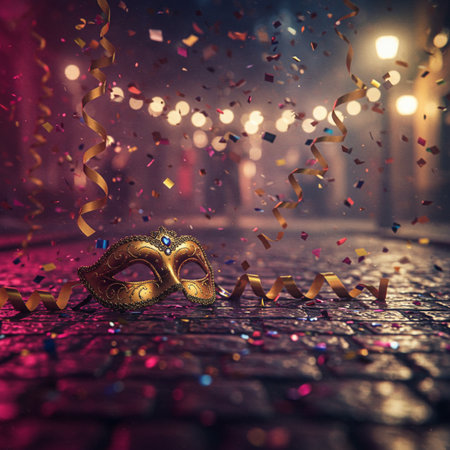 Mardi Gras mask with confetti on the street at nightの素材