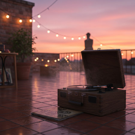 Vintage gramophone on the terrace with beautiful sunset in the backgroundの素材