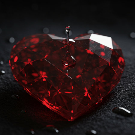 Red heart with a drop of water on a black background close upの素材
