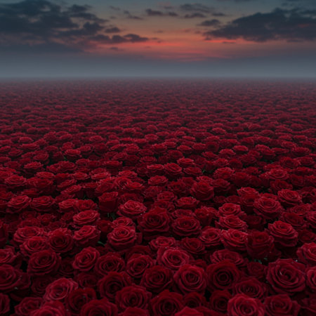 Beautiful red roses in a field at sunset, 3d renderの素材