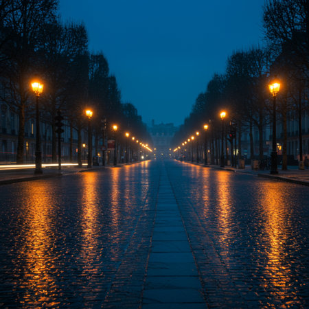 Empty city street at night with lanterns and reflections in the waterの素材