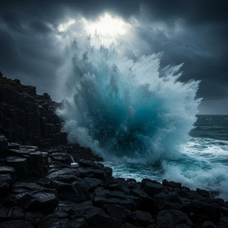 Beautiful seascape with stormy ocean waves crashing on rocks. Toned.の素材