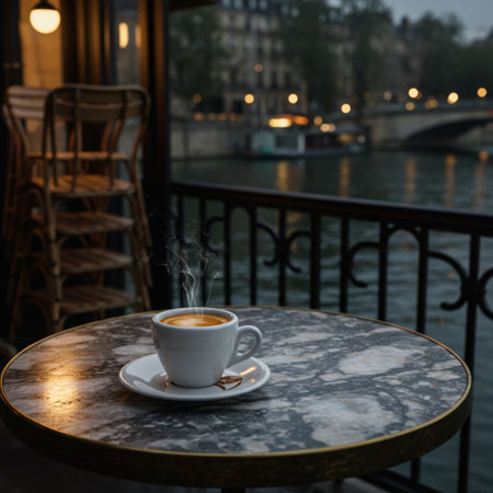 Cup of coffee on a marble table in Paris, France.の素材