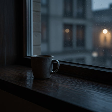 Cup of coffee on the windowsill in the rain at nightの素材