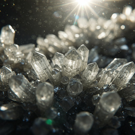 Macro photo of crystal gemstone on black background with sun flareの素材