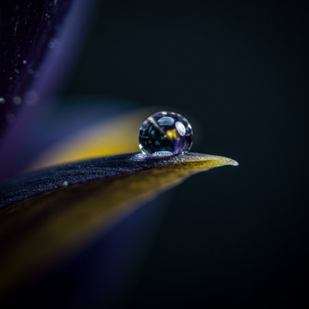 Macro of a water drop on an iris flower petalの素材