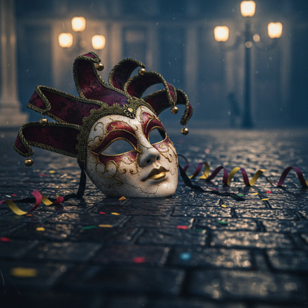 Venetian carnival mask with confetti on cobblestone streetの素材