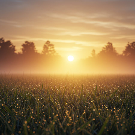 Sunset over a field of grass with dew drops. Nature backgroundの素材