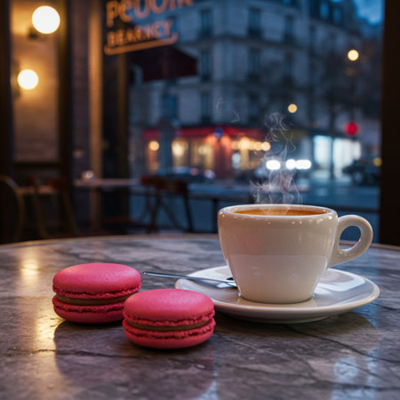 Cup of coffee and macaroons on a table in a cafeの素材