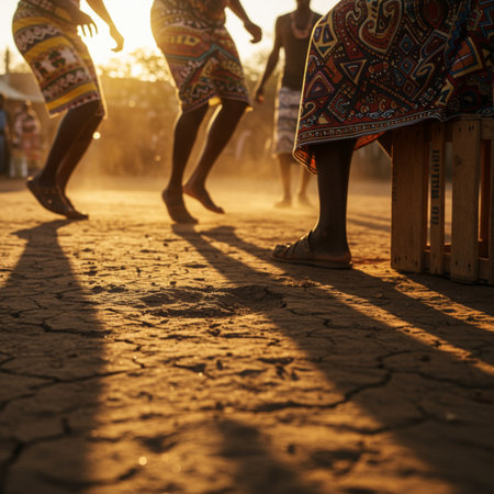 African women in traditional dress walking on dry ground at sunset, South Africaの素材