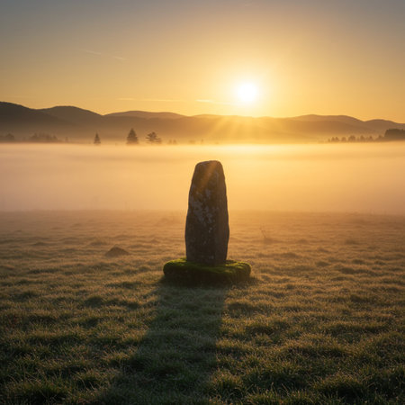 Sunrise over a megalithic stone circle in the Scottish Highlandsの素材
