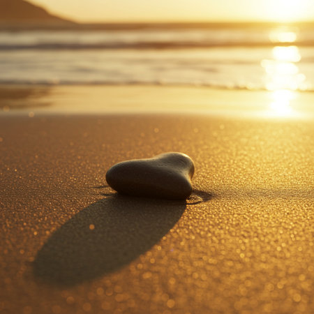 Beautiful sunset on the beach with a stone in the foreground.の素材