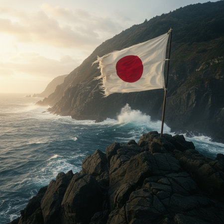 Japan flag on top of a cliff at sunset. 3D Renderingの素材