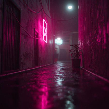 Narrow street at night with neon lights. The concept of urban night life.の素材