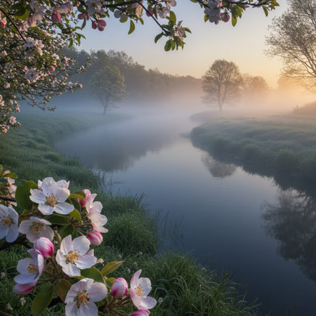 Beautiful landscape with blooming apple trees on the river bank at sunrise.の素材